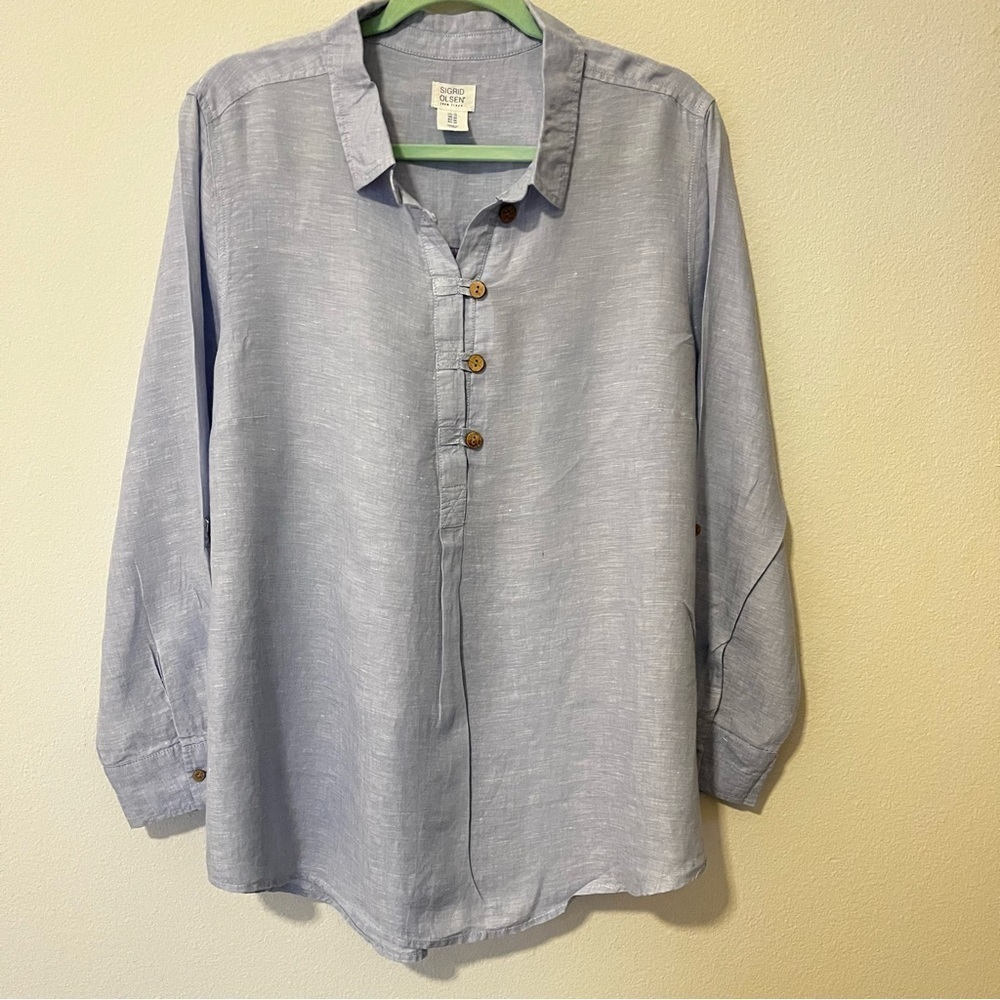 Sigrid Olsen Blue 100% Linen Popover Roll Tab Sleeves Breathable Coastal Boho 1X - Picture 2 of 10